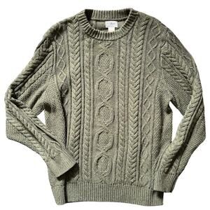 LL Bean Green Speckled Cable Knit Sweater Size Large Mens Organic Cotton